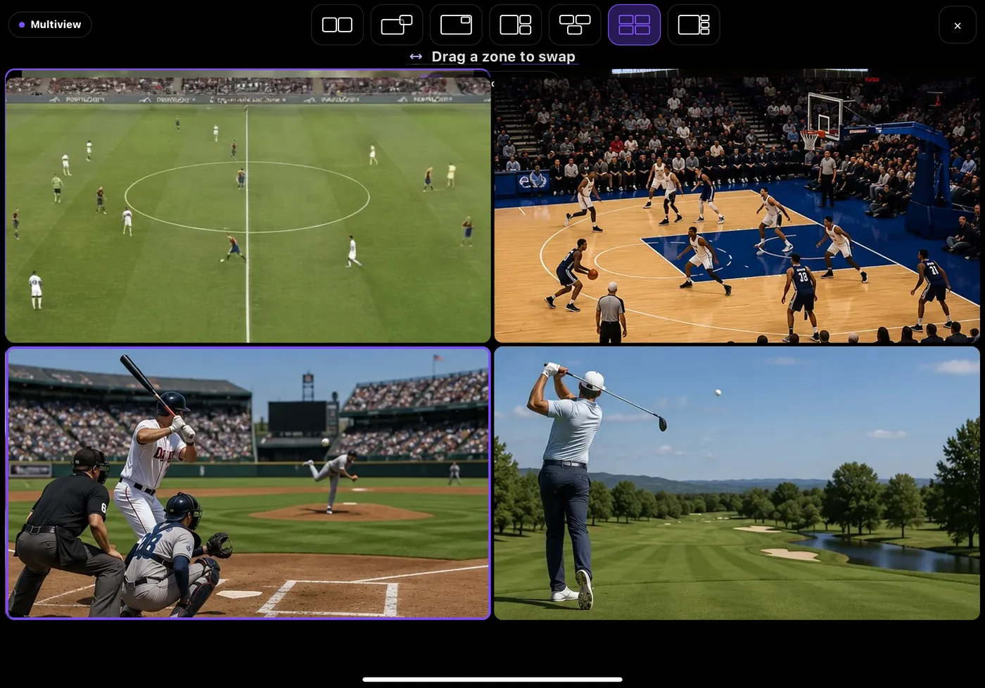 RunTV multiview on an iPad, four games at once with the layout picker above them