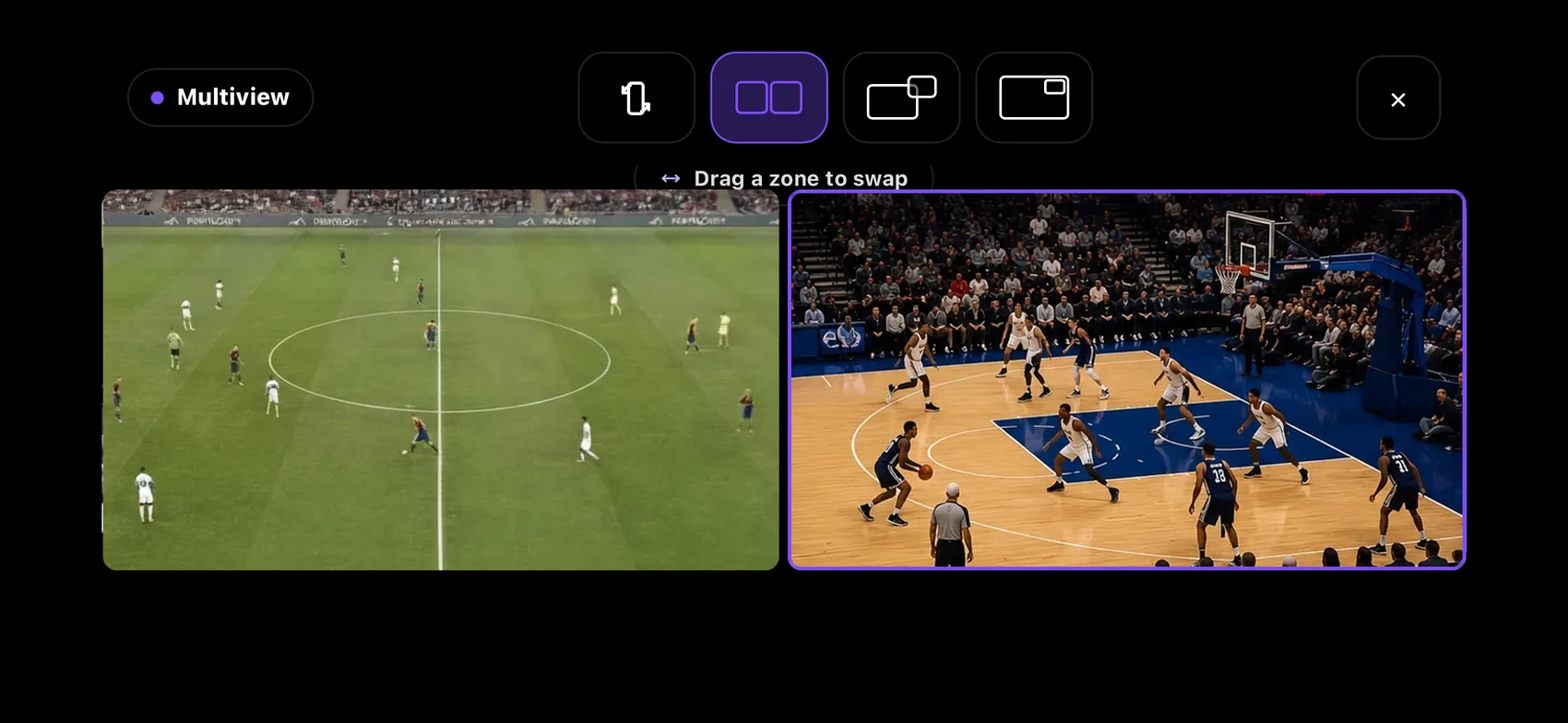 RunTV multiview on a phone held sideways, soccer and basketball side by side