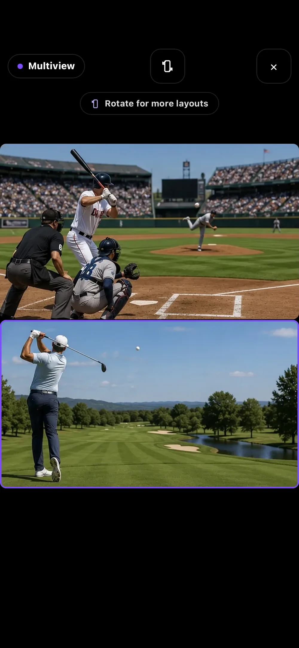 RunTV multiview on an upright phone, baseball above golf