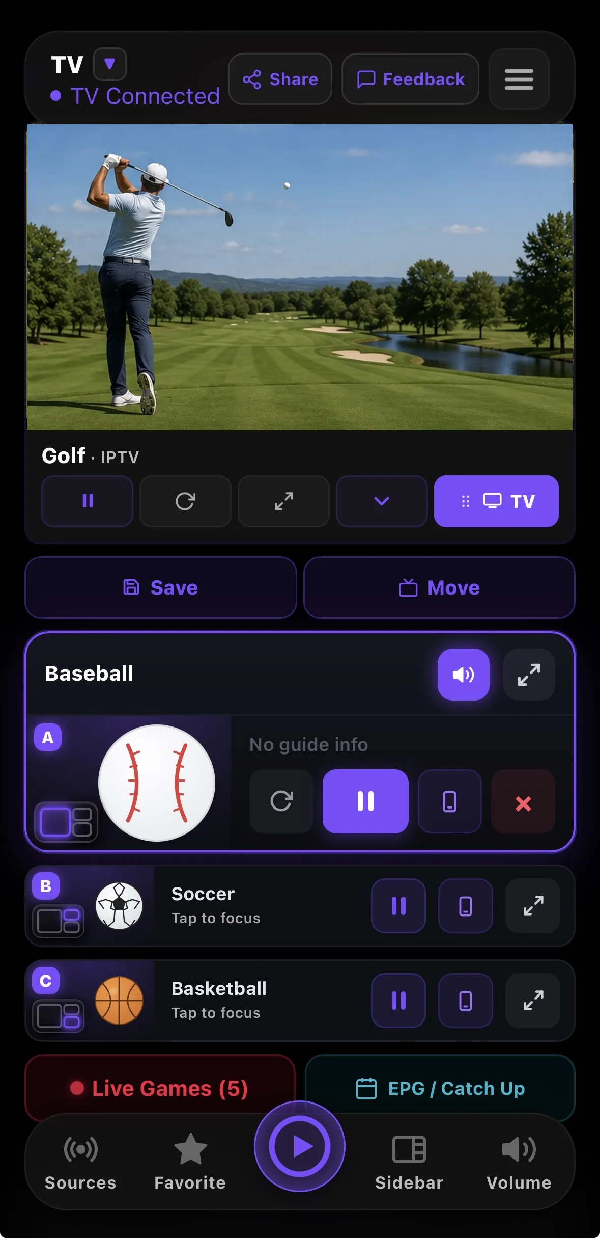 The RunTV phone controller playing golf, with baseball, soccer and basketball in the TV zones