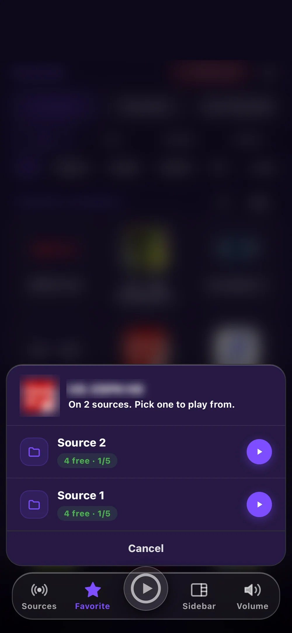 A channel carried by two sources, each showing how many connections it has free before you play