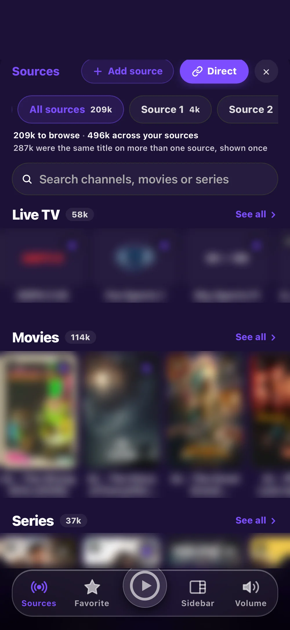 The RunTV sources panel: every playlist and Xtream account merged into one list of live TV, movies and series