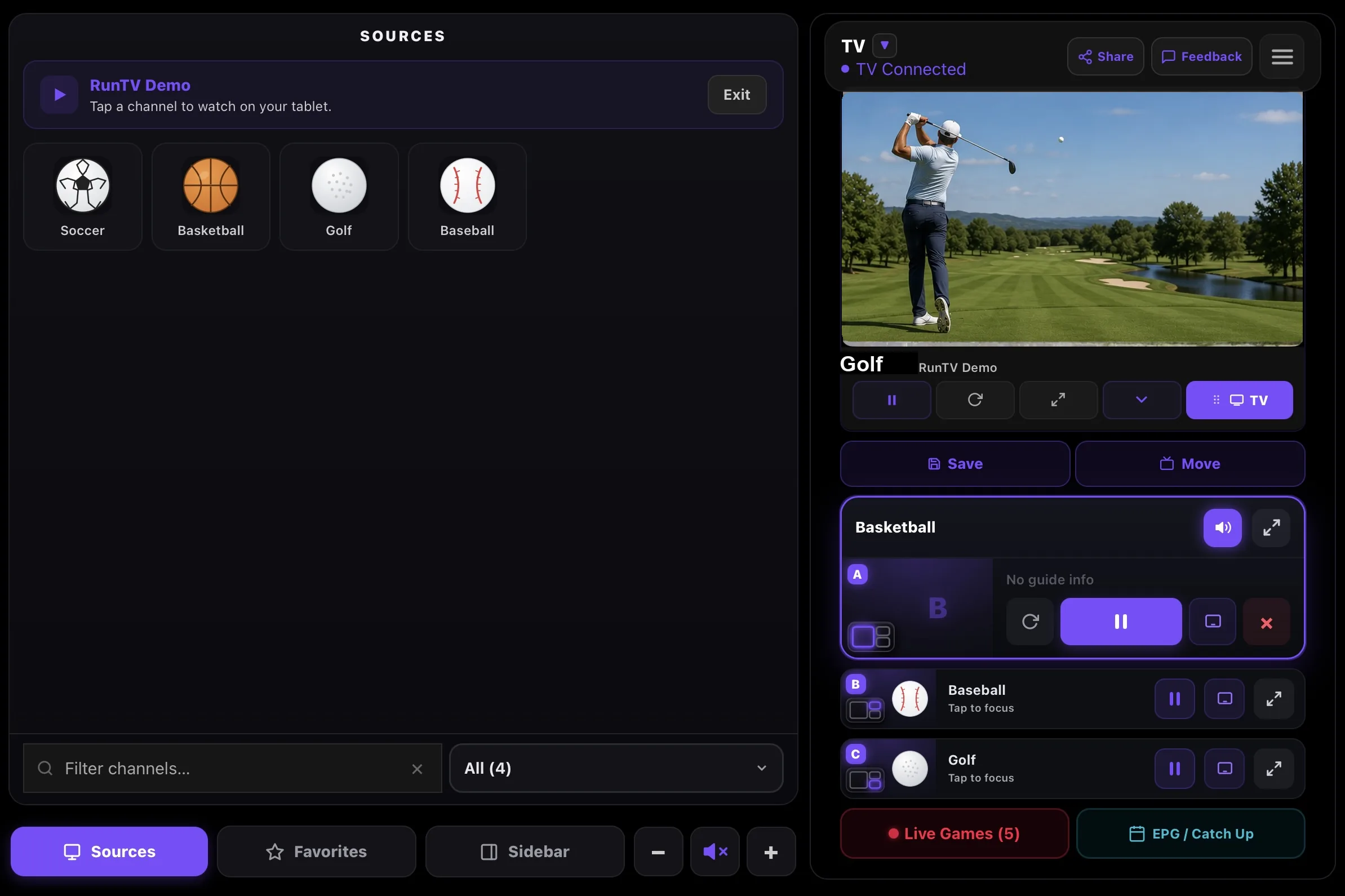 The RunTV tablet dashboard in landscape, channel list on the left, player and TV zones on the right
